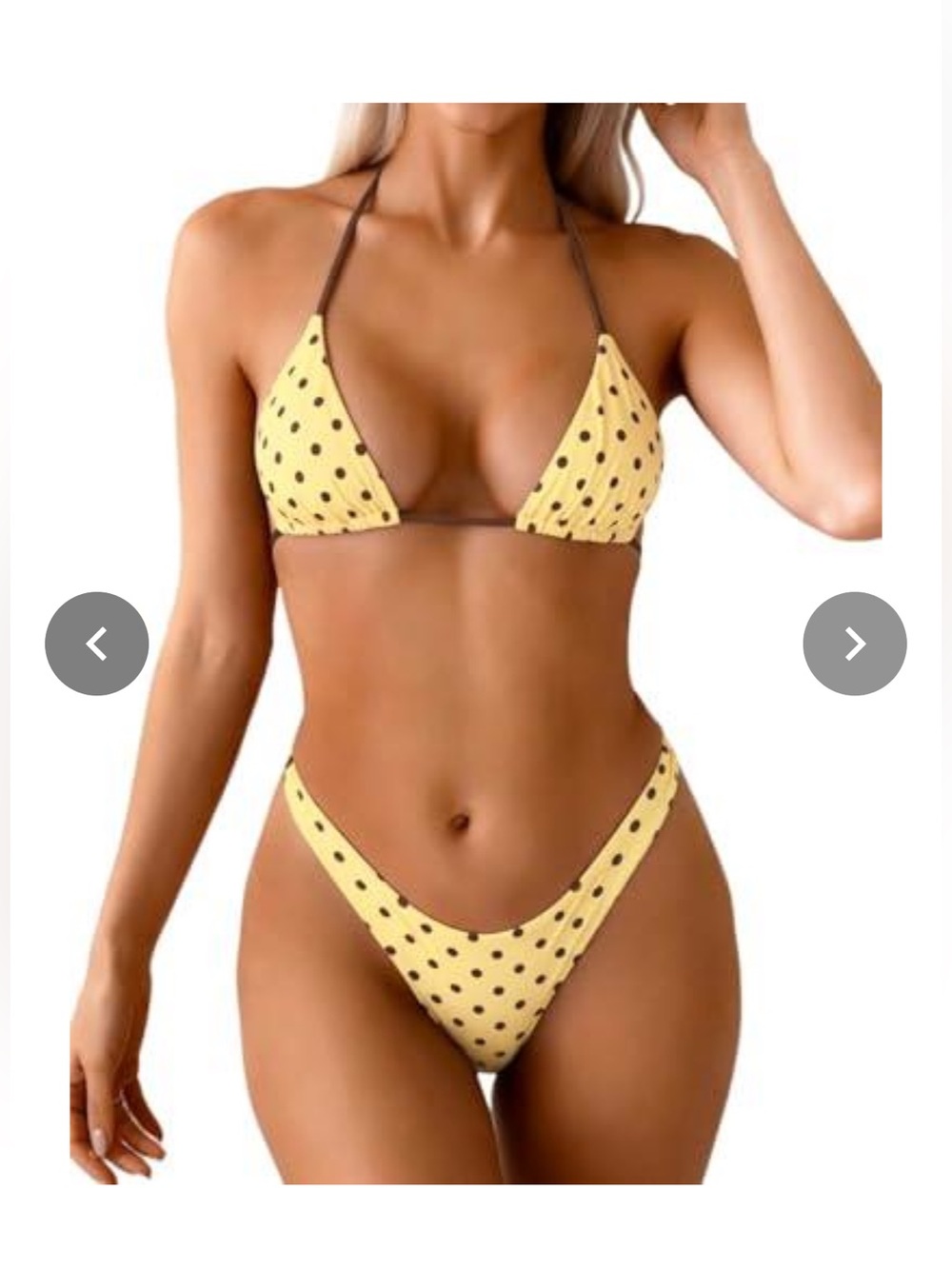 Zaful Yellow Polka Dot Triangle Bikini with Brown Trim